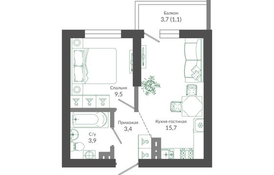 33,6 м², 1-комн. квартира, 9/12 этаж