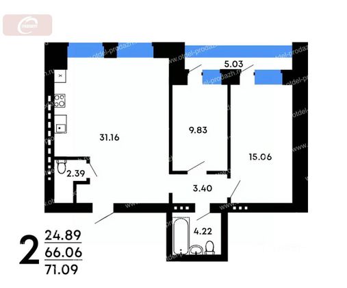 Продажа 2-комнатной квартиры 71,1 м², 3/3 этаж
