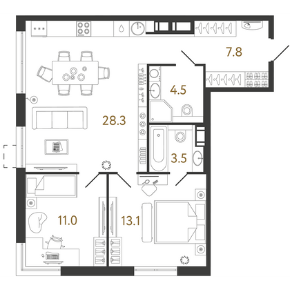 68,2 м², 2-комн. квартира, 20/23 этаж