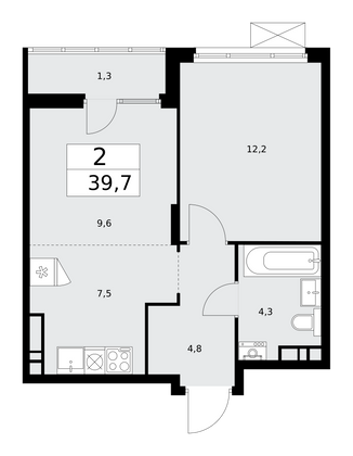 39,7 м², 2-комн. квартира, 15/16 этаж