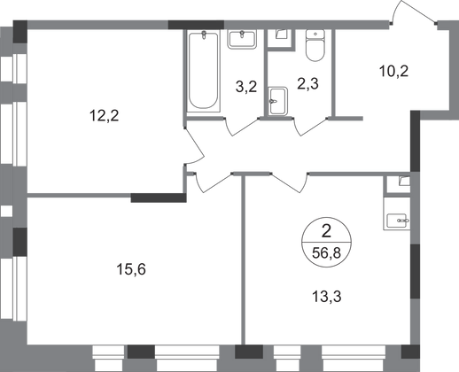 56,8 м², 2-комн. квартира, 1/19 этаж