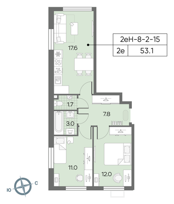 53,1 м², 2-комн. квартира, 15/24 этаж