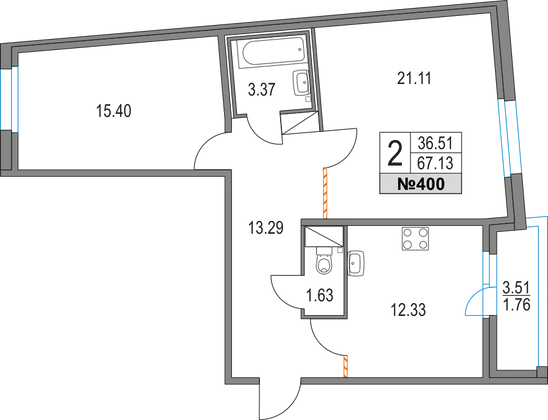 67,1 м², 2-комн. квартира, 6/16 этаж