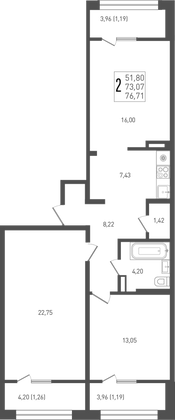 76,7 м², 2-комн. квартира, 3/9 этаж