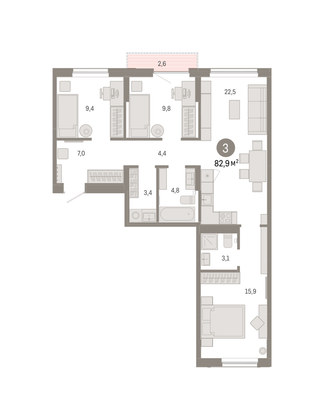 Продажа 3-комнатной квартиры 82,9 м², 6/7 этаж