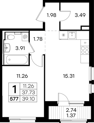 39,1 м², 1-комн. квартира, 8/9 этаж