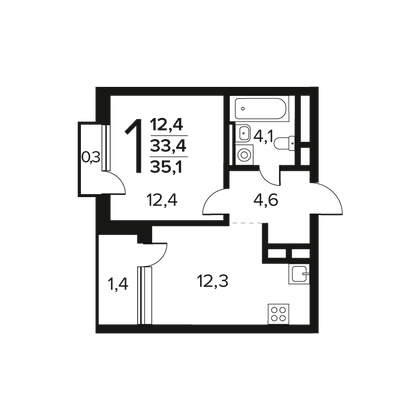 35,1 м², 1-комн. квартира, 12/12 этаж