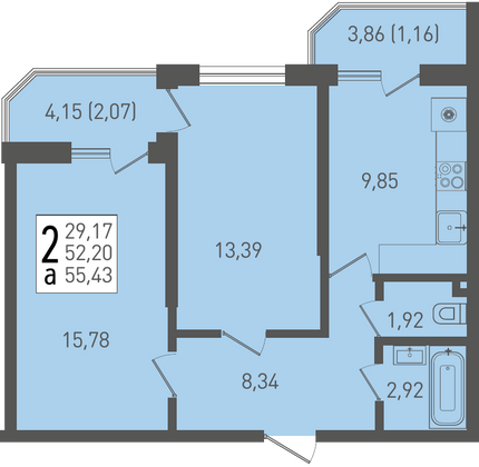 55,4 м², 2-комн. квартира, 2/22 этаж