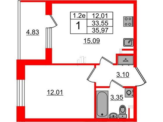 Продажа 1-комнатной квартиры 33,5 м², 4/5 этаж