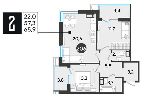 Продажа 2-комнатной квартиры 65,9 м², 16/18 этаж