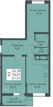 51,4 м², 2-комн. квартира, 8/19 этаж