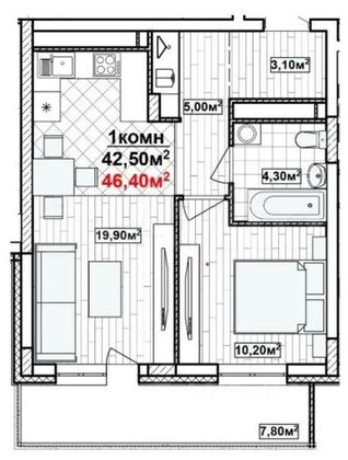 Продажа 1-комнатной квартиры 42,5 м², 14/16 этаж