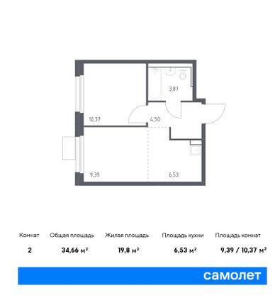 34,7 м², 2-комн. квартира, 8/11 этаж