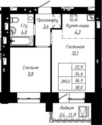 Продажа 2-комнатной квартиры 36,3 м², 12/16 этаж