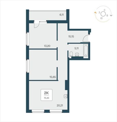 75,4 м², 2-комн. квартира, 14/25 этаж