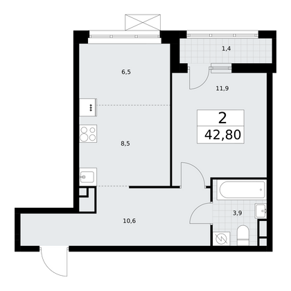 42,8 м², своб. планировка, 8/9 этаж