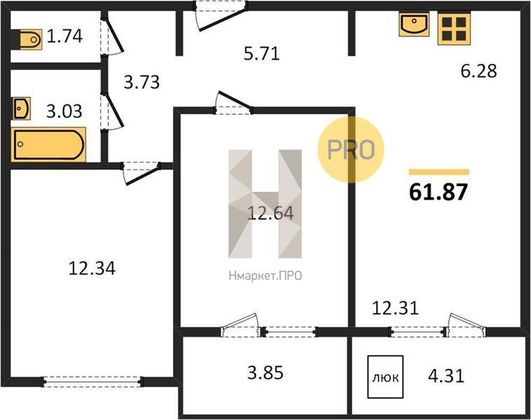 Продажа 2-комнатной квартиры 61,9 м², 5/8 этаж