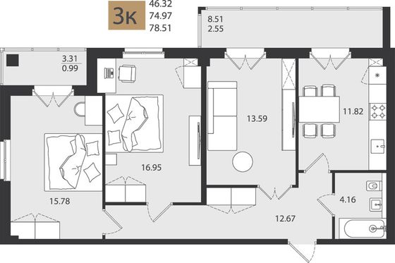 78,5 м², 3-комн. квартира, 2/16 этаж