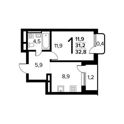 32,8 м², 1-комн. квартира, 3/14 этаж