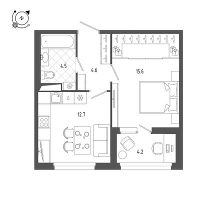 39,6 м², 1-комн. квартира, 4/10 этаж