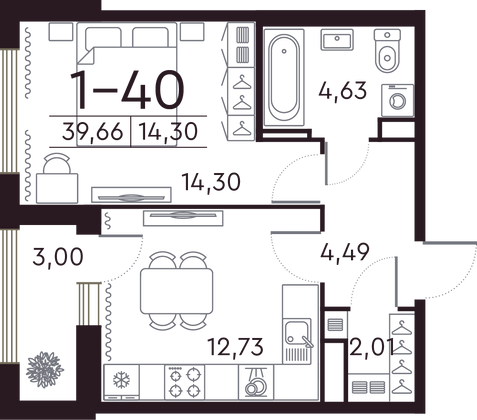 39,7 м², 1-комн. квартира, 5/8 этаж