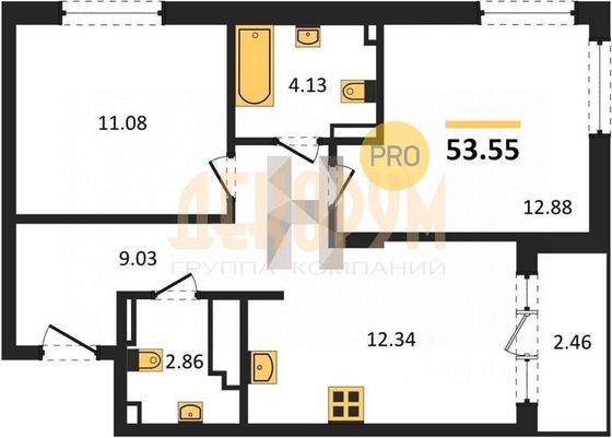 Продажа 2-комнатной квартиры 53,6 м², 1/9 этаж