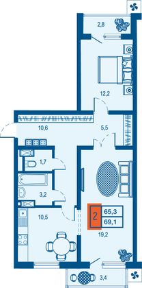 65,3 м², 2-комн. квартира, 12/23 этаж