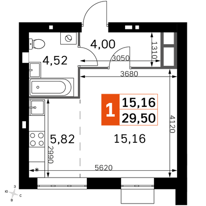 29,5 м², 1-комн. квартира, 3/4 этаж