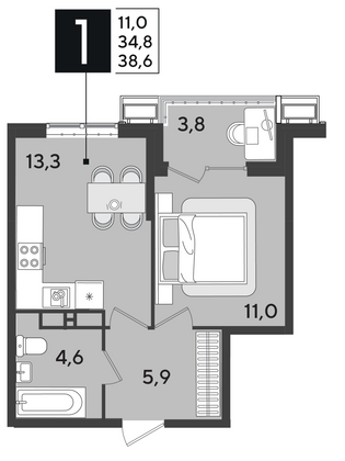 Продажа 1-комнатной квартиры 38,6 м², 18/18 этаж