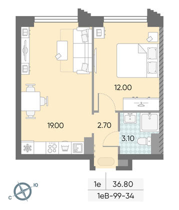 Продажа 1-комнатной квартиры 36,8 м², 34/58 этаж