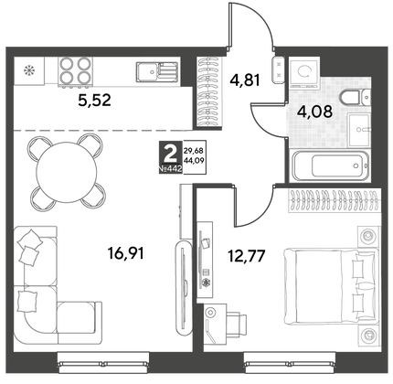 Продажа 2-комнатной квартиры 44,1 м², 9/21 этаж