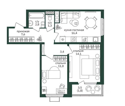 Продажа 2-комнатной квартиры 59,3 м², 2/19 этаж