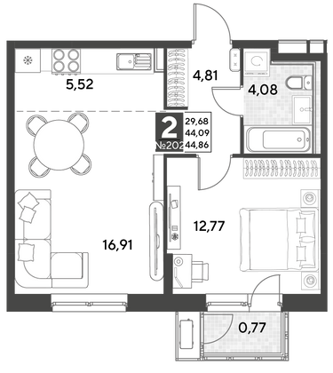 Продажа 2-комнатной квартиры 44,9 м², 3/25 этаж