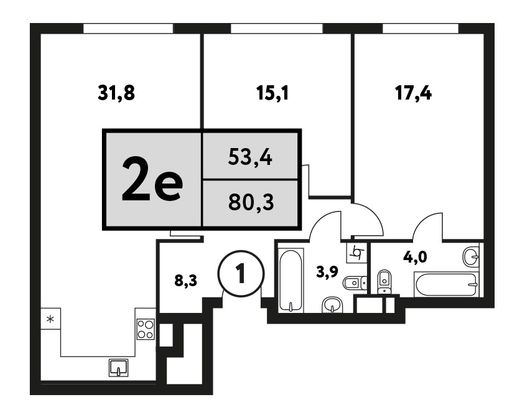 80,3 м², 3-комн. квартира, 2/8 этаж