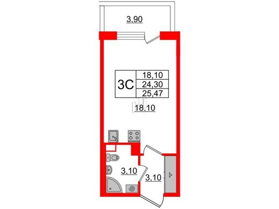 Продажа квартиры-студии 24,3 м², 4/4 этаж