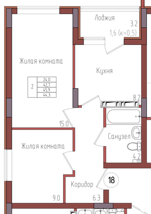 44,3 м², 2-комн. квартира, 3/9 этаж