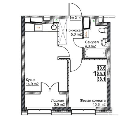 Продажа 1-комнатной квартиры 38,1 м², 24/24 этаж