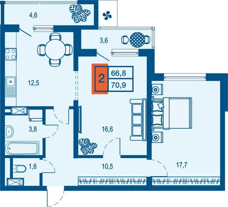 Продажа 2-комнатной квартиры 66,8 м², 12/23 этаж