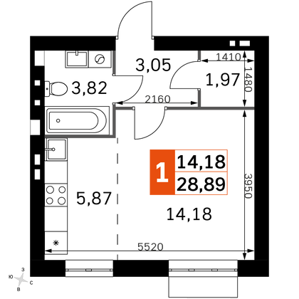 28,9 м², 1-комн. квартира, 3/4 этаж