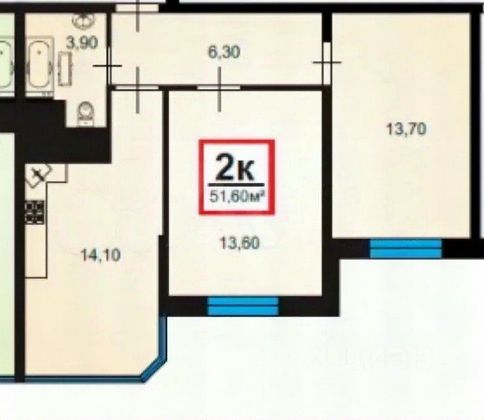 Продажа 2-комнатной квартиры 51 м², 3/16 этаж