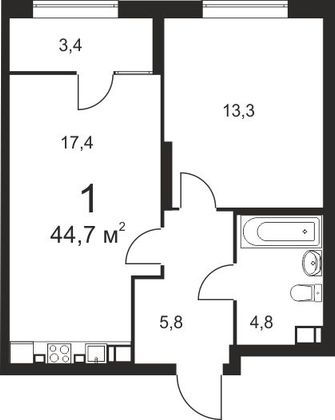 Продажа 1-комнатной квартиры 44,7 м², 5/25 этаж