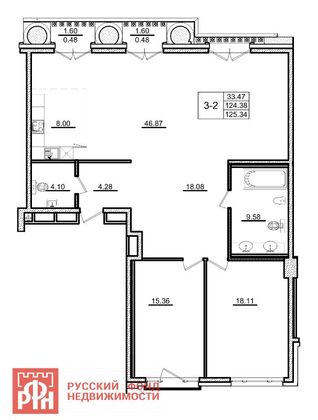 Продажа 2-комнатной квартиры 123,8 м², 3 этаж