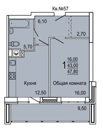 47,8 м², 1-комн. квартира, 1/9 этаж