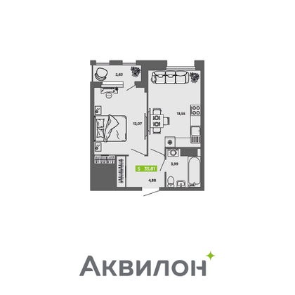 35,8 м², 1-комн. квартира, 3/16 этаж