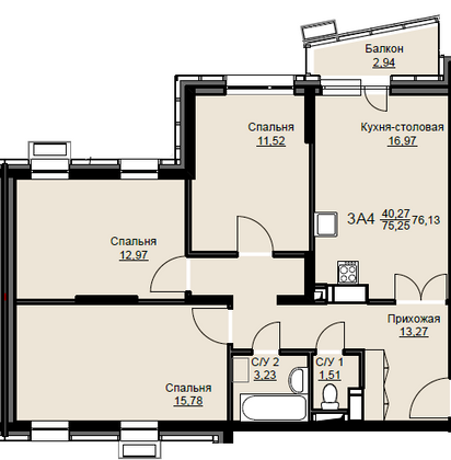 Продажа 3-комнатной квартиры 76,1 м², 16/17 этаж