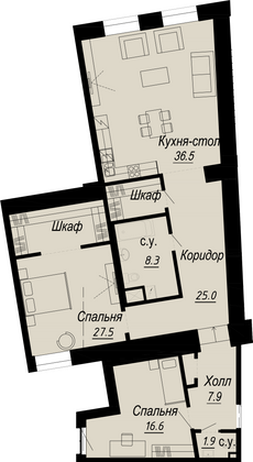 126 м², 2-комн. квартира, 5/8 этаж