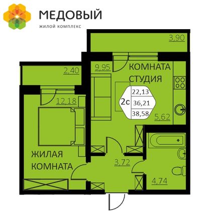 38,6 м², 2-комн. квартира, 13/14 этаж