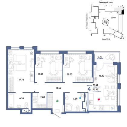 76,4 м², 4-комн. квартира, 21/32 этаж