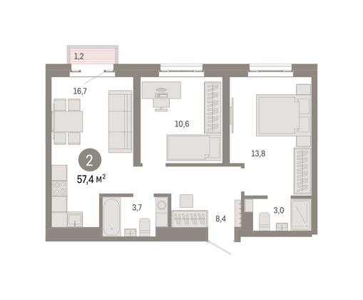 Продажа 2-комнатной квартиры 57,4 м², 23/31 этаж