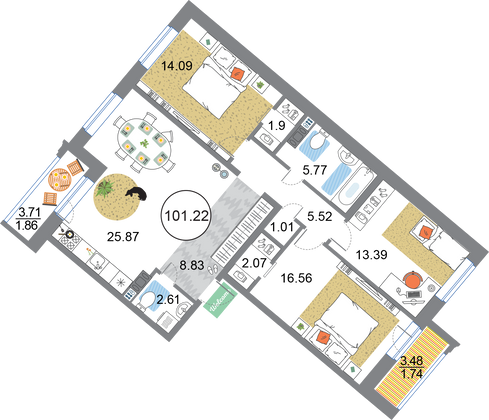 101,2 м², 3-комн. квартира, 8/12 этаж